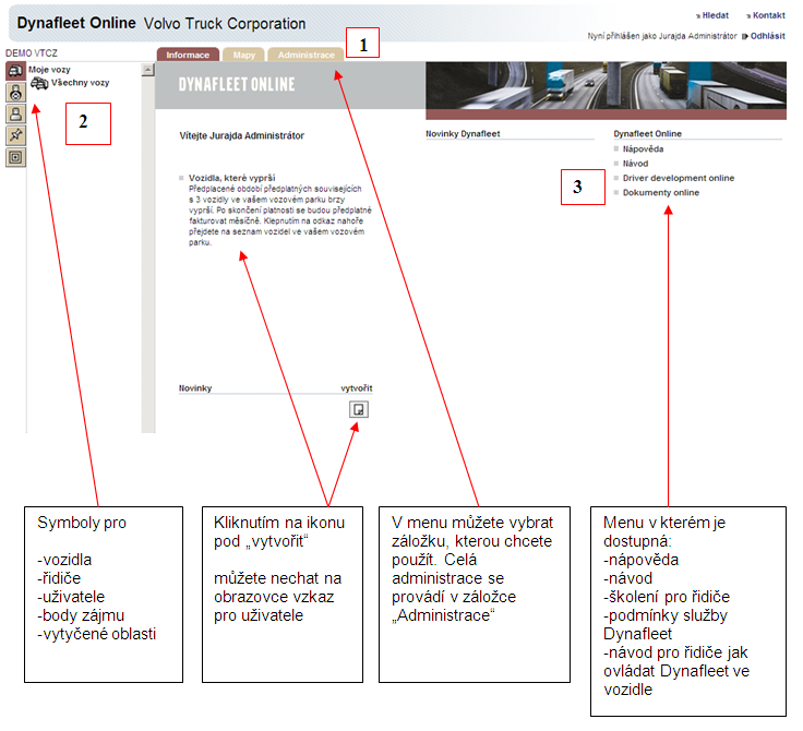 2) Administrace - úvod ve zkratce slouží k vytváření vozidel, řidičů, uživatelů, k úpravě jejich práv, nastavení sledování vozidel a dalších věcí. Obrazovka je rozdělena do 3 oblastí 1.