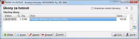 Smazat - smazání záznamu (Ctrl+Delete) Označit označení cesty (Enter) Číselník otevření pomocného číselníku pro zadání údaje Tisk tisk přehledu Vyúčtování cest v návštěvní službě Zavřít - zavření