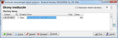 Úkony institucím Tato volba umožňuje vyúčtování úkonů institucím Otevření agendy Vyúčtování zdravotnických úkonů institucím se provede ze zdravotních záznamů tlačítkem Instit.