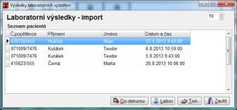 LABORATOŘ Modul LABORATOŘ umožňuje načtení laboratorních výsledků zaslaných laboratoří, přehledné zobrazení došlých výsledků a přepis výsledků do dekursů pacientů.