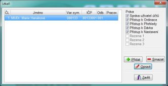 Lékaři Volba: Hlavní menu programu Nastavení - Terapeuti Zadání informací o pracovnících. ČL Číslo lékaře. Slouží pro interní rozlišení prováděných výkonů jednotlivými lékaři nebo sestrami.