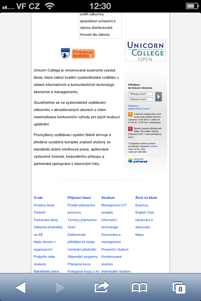 2.2.2.1 Přihlášení do UU Uživatel se nejprve musí přihlásit do školního informačního systému Unicorn Universe. Většina studentů se do systému přihlašuje na adrese www.unicorncollege.cz.