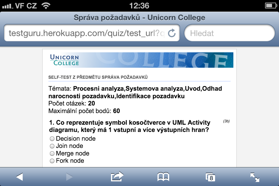 2.2.2.4 Vyplnění selftestu Uživateli se zobrazí po zmáčknutí odkazu test k vyplnění.