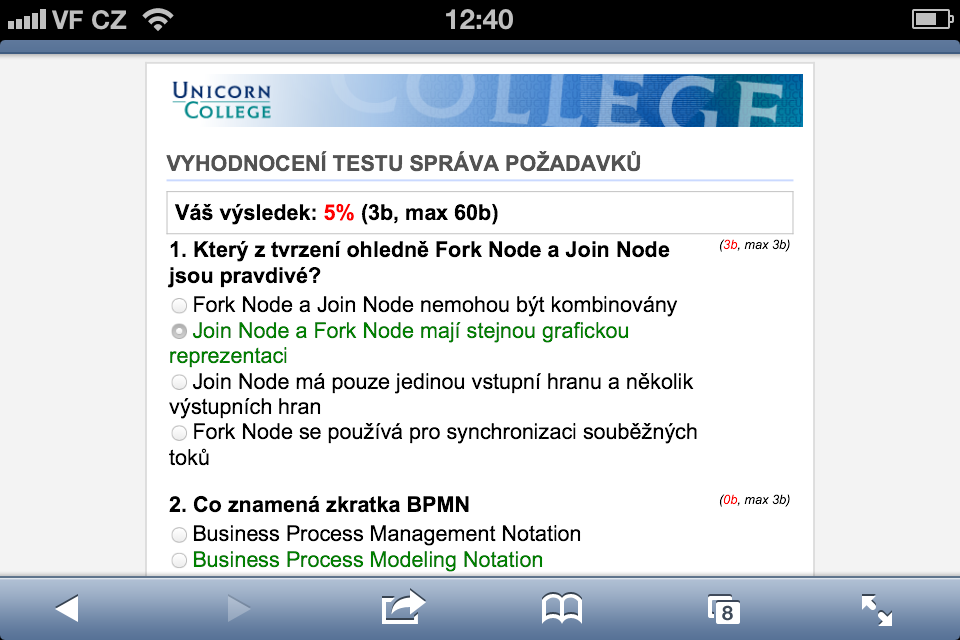 Nedostatky: 1. Text je příliš malý, na iphonu se na výšku špatně čte. 2. Test může být hodně dlouhý a uživatel se v něm může na mobilu ztratit. 3.