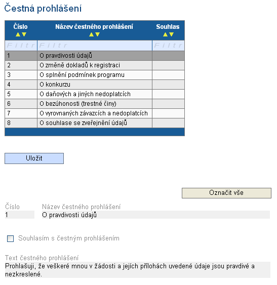 5.16. Čestná prohlášení Podmínkou podání žádosti o podporu je souhlas a posléze podpis Čestných prohlášení.