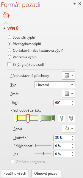 8 PowerPoint 121 Formát pozadí Enc-08-04 Výplň snímku Grafika pozadí 8.3 Pozadí snímku Pozadí snímku lze nastavovat v zobrazení předlohy nebo v normálním zobrazení prezentace.