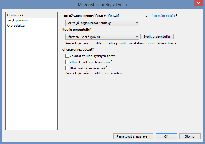 5 Lync 74» ztlumení všech,» vypnutí rychlých zpráv schůzky,» bloková videa uživatelů,» skrytí jmen u fotografií a videí uživatelů,» nastavení všech kromě organizátora do role účastníka.