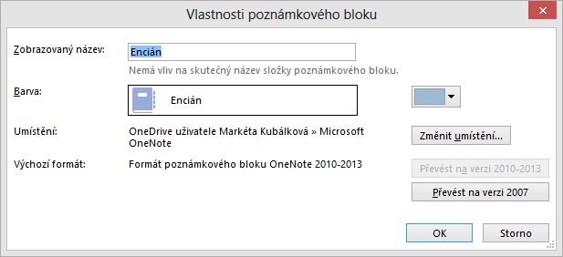 6 OneNote 86 OBR. 6-2: DIALOGOVÉ OKNO VLASTNOSTI POZNÁMKOVÉHO BLOKU Názvy a pořadí stránek Pořadí oddílů Šablona Jediná stránka oddílu Úkoly ve firmě je dosud nepojmenovaná.