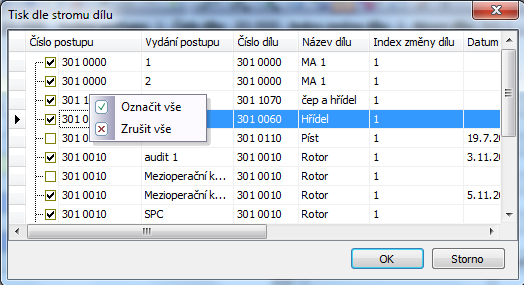 Zde je zobrazen strom dílu tak, jak byl nadefinován v modulu Databáze dílů. Tento strom slouží především k možnosti tisknout souhrnné sestavy a to především sestavy Kontrolních plánů.