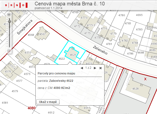 Obr. 3.6.1.1 Výřez z cenové mapy města Brna č.10 s vyznačením umístěním zájmového objektu na ulici Zeleného, Brno Žabovřesky (Cenová mapa 10, gis.brno.cz, 23.3.2015) Tab. 3.6.1.1 Plocha pozemků v lokalitách podle jednotlivých parcelních čísel LUHAČOVICE parcelní číslo 2840/1 2486/18 st.