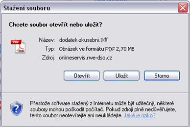 Pokud při otevírání souboru dodatku dojde k chybě, zobrazí se chybové hlášení: Při načítání souboru dodatku došlo k chybě. Kontaktujte PDS na webove-zadosti@rwe.cz.