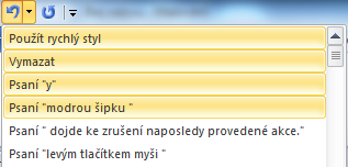 Zrušení provedených akcí Klepnutím levým tlačítkem myši na modrou šipku ikony okna MS Word dojde ke zrušení naposledy provedené akce.