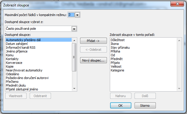 Tím zobrazíme dialogové okno, ve kterém lze nastavit položky, které budou u jednotlivých zpráv zobrazovány v seznamu doručených zpráv.