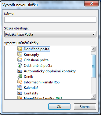 Složky pro ukládání zpráv Zprávy jsou automaticky ukládány do základních složek Doručená pošta Koncepty Odeslaná pošta Odstraněná pošta Kromě standardních složek je možno vytvořit vlastní uživatelské