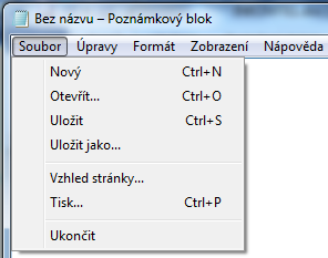 Panel nabídek Okna některých aplikací (např. Poznámkový blok) obsahují řádek s panelem nabídek (hlavní menu).