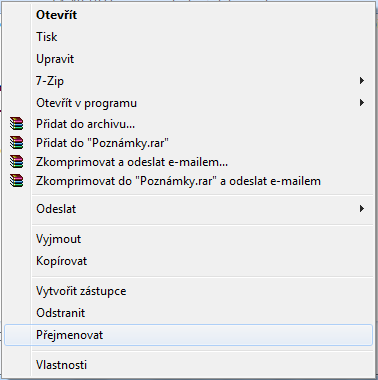 Přejmenování souborů a složek Klepnutím pravým tlačítkem myši na soubor či složku otevřeme plovoucí nabídku, ve které pro přejmenování souboru či složky klepneme na položku Název vybrané složky či