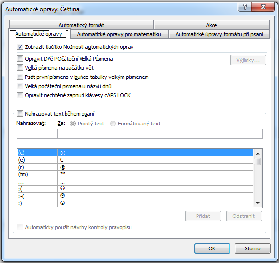 Omezení automatických oprav V následujícím