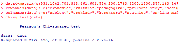 Obrázek 23: Výpočet 3. hypotézy v programu R Zdroj: Vlastní výpočet Jak je vidět na obrázku 23, který představuje výstřižek výpočtu z programu R, p value se rovná.