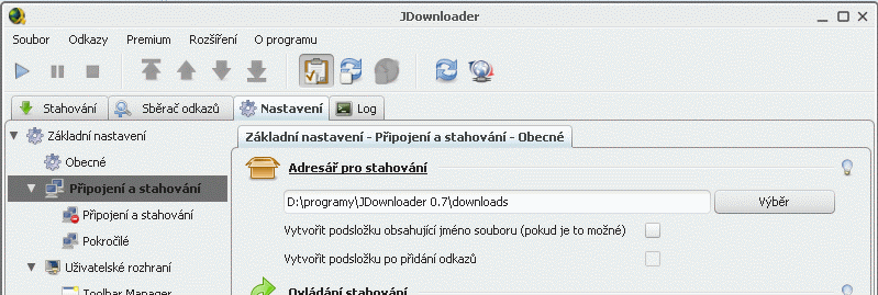 I.1.5. V záložce Připojení a stahování si můžete nastavit adresář, kam chcete ukládat své stažené soubory. Pokud si to nenastavíte, program vám sám vytvoří adresář pro stahování s názvem downloads. I.