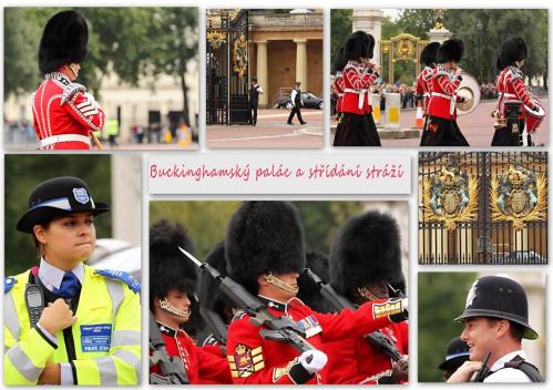 U Buckinghamského paláce si též prohlédneme střídání stráží. Ceremoniál trvá asi hodinu za doprovodu kapel a mění se dva typy stráží, první jsou v černém a další jsou v typické červené uniformě.