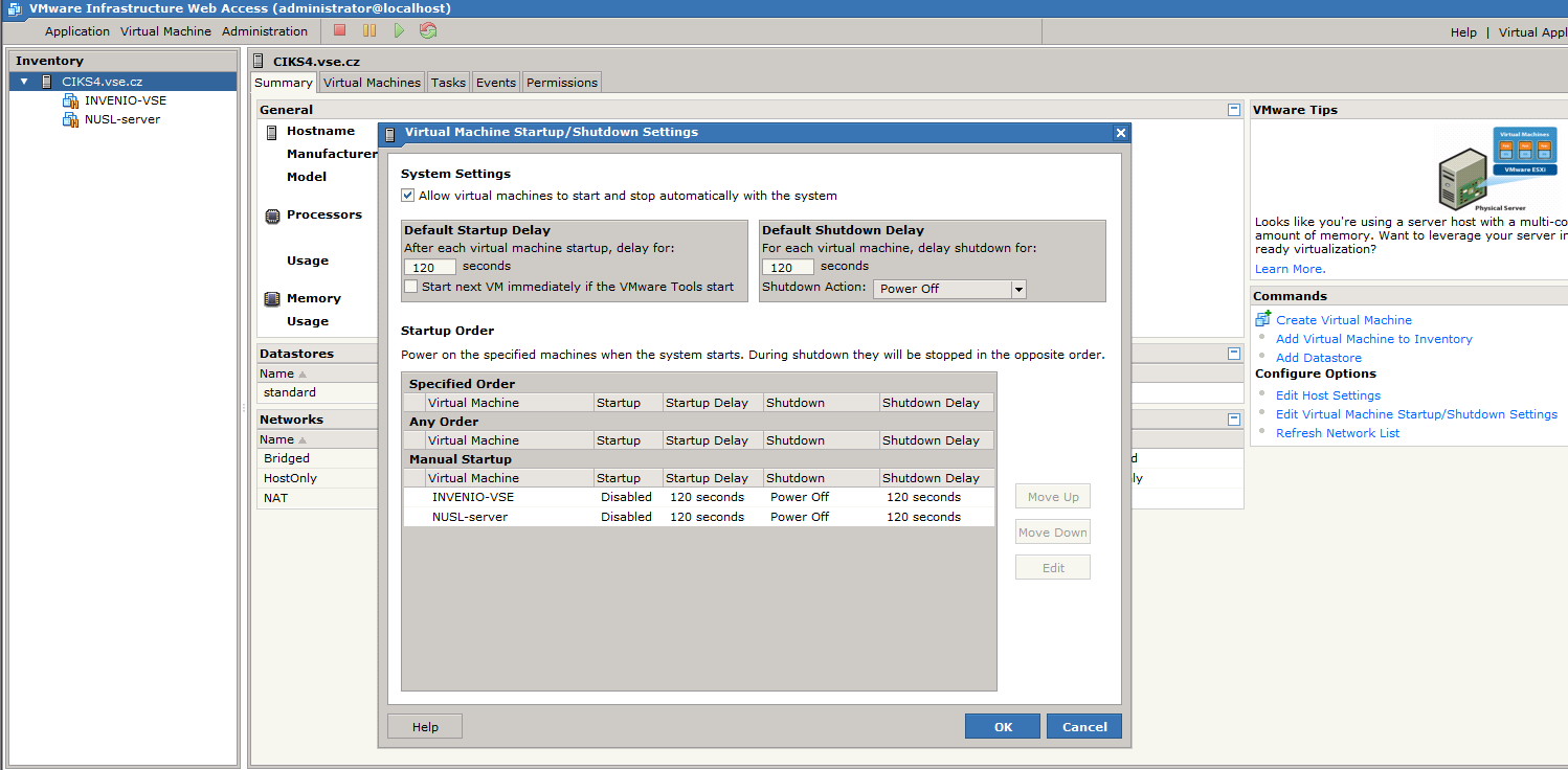 Obrázek 5 Automatické spouštění lokálního repozitáře ve VMware Server Konkrétní