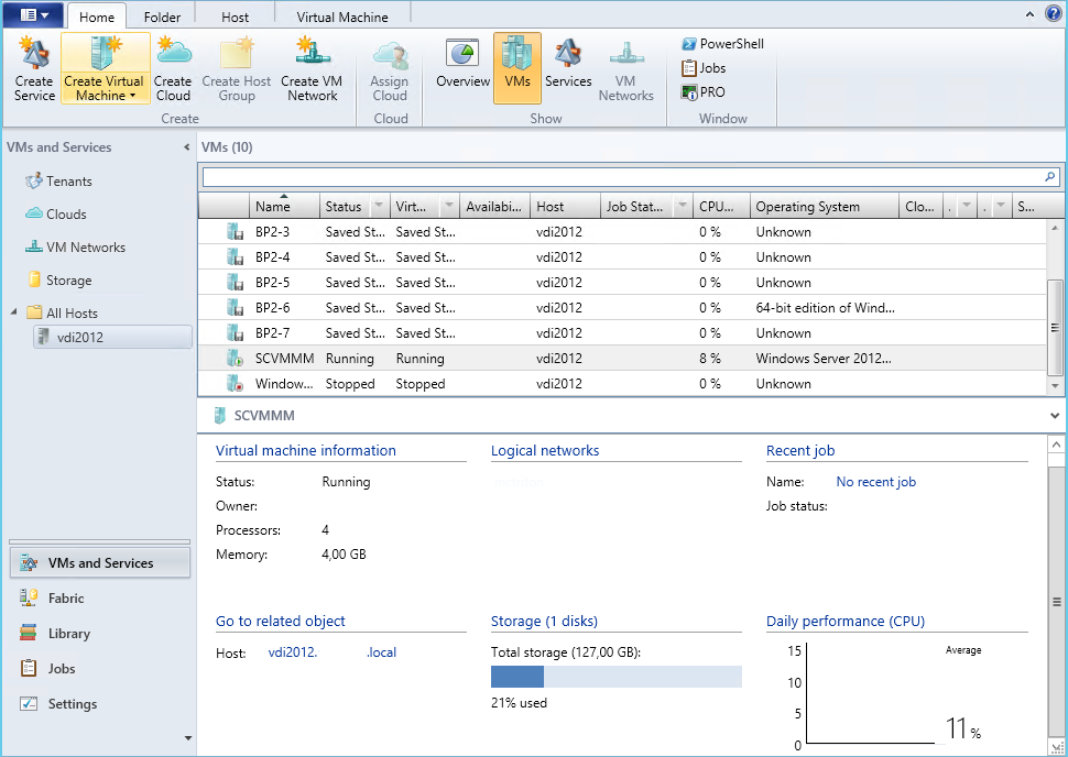 Obrázek 10 - System Center Virtual Machine Manager 2012 R2 Zdroj: Vlastní zpracování (snímek obrazovky SCVMM z testovacího prostředí) 2.3.