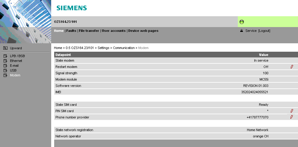 Poznámka Tato nastavení se vztahují pouze na OZS164.23. Datový bod Vysvětlení, například 57. Nová inicializace modemu. Restart může trvat až jednu minutu.