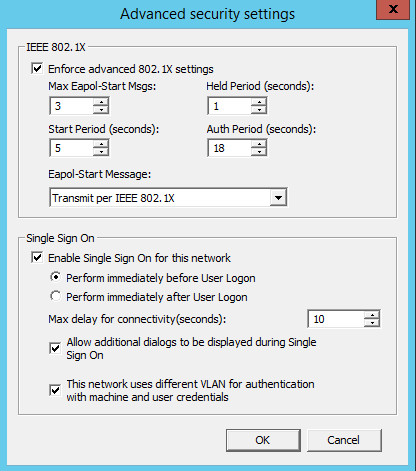 V záložce Advanced uděláme některé změny, zejména budeme informovat Windows, že mezi přihlášením počítače a pak uživatele se bude měnit VLAN (tedy že s tím má počítat a říct si o adresu).