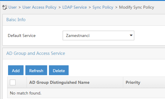 Upravíme naší synchronizační politiku v User, User Access Policy, LDAP Sevice, Sync Policy klikněte na Modify.