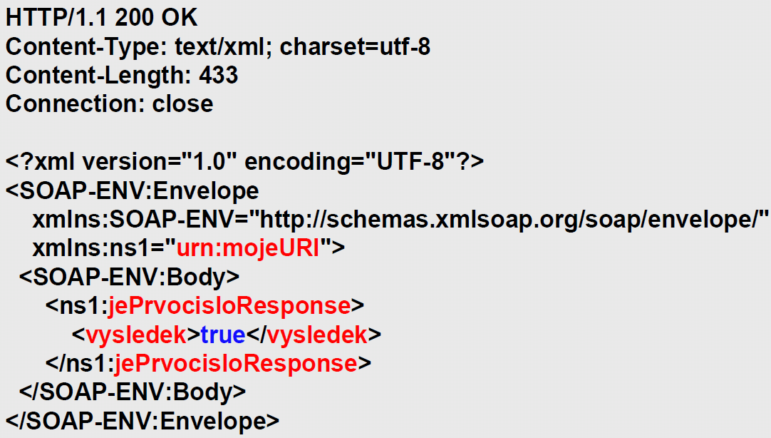 Webová služba na požadavek zareaguje a klientské aplikaci zašle: Výhody takto řešené komunikace jsou zejména platformová a jazyková nezávislost, korektní kódování znaků (diakritiky) a nezávislost