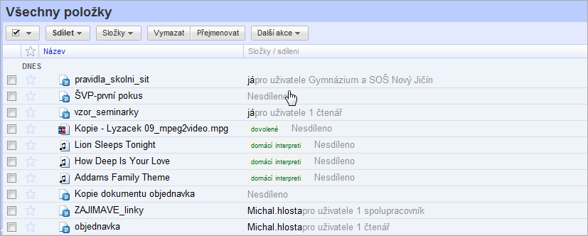 Obrázek 21: Sdílení odkazem Odkaz v červené elipse je pak možno publikovat třeba Twitterem nebo na webu. Jak se změní informace o sdílení dokumentu je vidět na Obrázku 22.