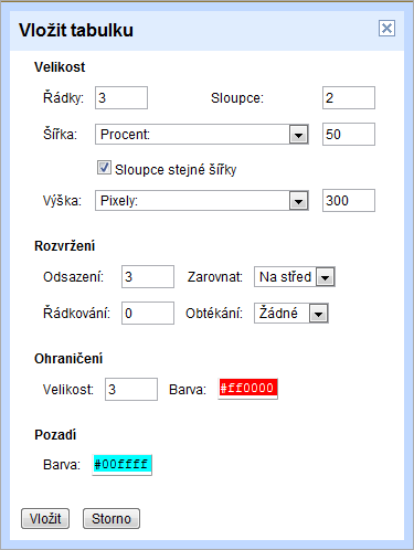 Tabulka umožňuje vložit tabulku přesně dle Vašeho přání. Můžete nastavit její velikost absolutně (v pixelech) nebo relativně (v procentech šířky dokumentu) a to jak svisle tak vodorovně.