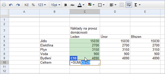 Obrázek 52: Obsah okna pokusného dokumentu 4.2.2 Jak použít funkce Označíte KAM funkci vložit vyberete KTEROU funkci vložit (my použijeme SUM) a přetáhneme oblast ODKUD použít data. Zmáčknete Enter.