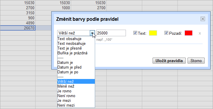 4.2.3 Jak použít podmíněný formát. Buňky mohou měnit své vlastnosti podle různých pravidel. Označte oblast výsledků C10-E10. Zvolte Formát/Změnit barvy podle pravidel a nastavte dle Obrázku 54.