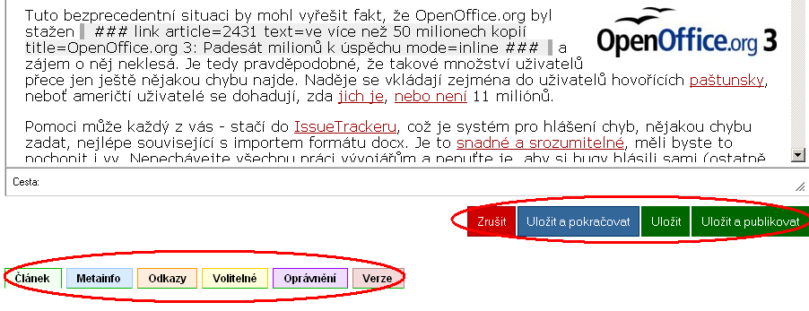 Obr. 6: Editační části článku Zrušit stiskem tohoto tlačítka opustíte editační formulář a změny provedené od posledního uložení se neuloží.