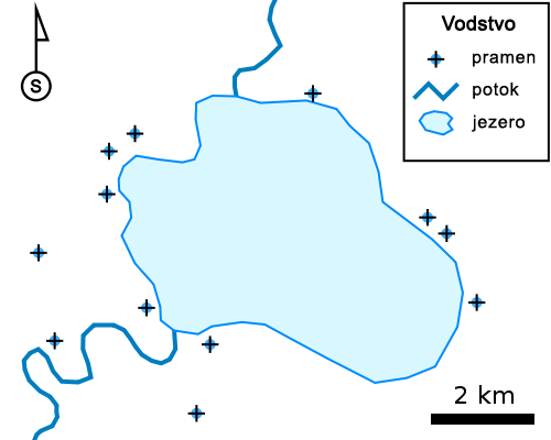 Obrázek 10: mapová kompozice vodstva sestávající ze tří vrstev body, linie a polygony. Další vlastností shapefile je, že ukládá pouze informace o geometrii, nikoliv o topologii.