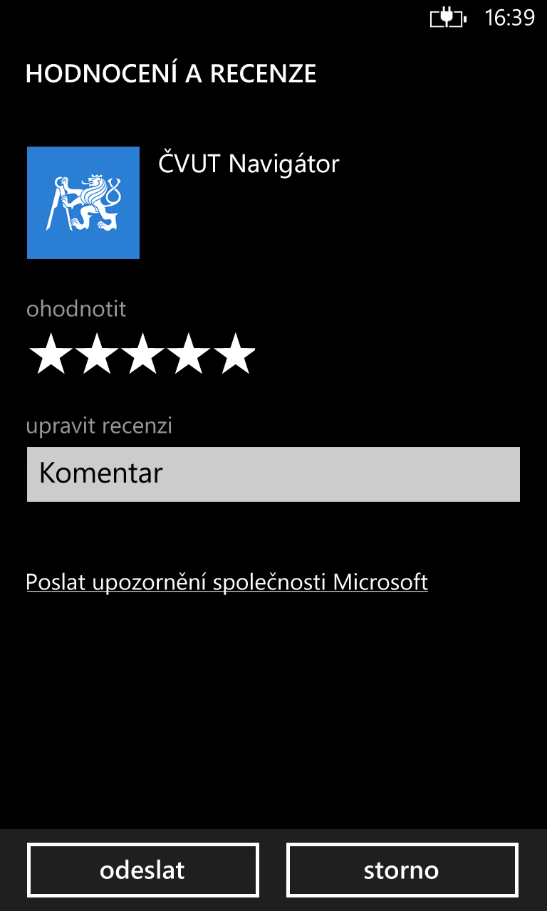 4.2. Uživatelské testování (a) Odkaz na hodnocení v prostředí aplikace (b) Hodnocení aplikace v prostředí Windows Phone Store Obrázek 4.