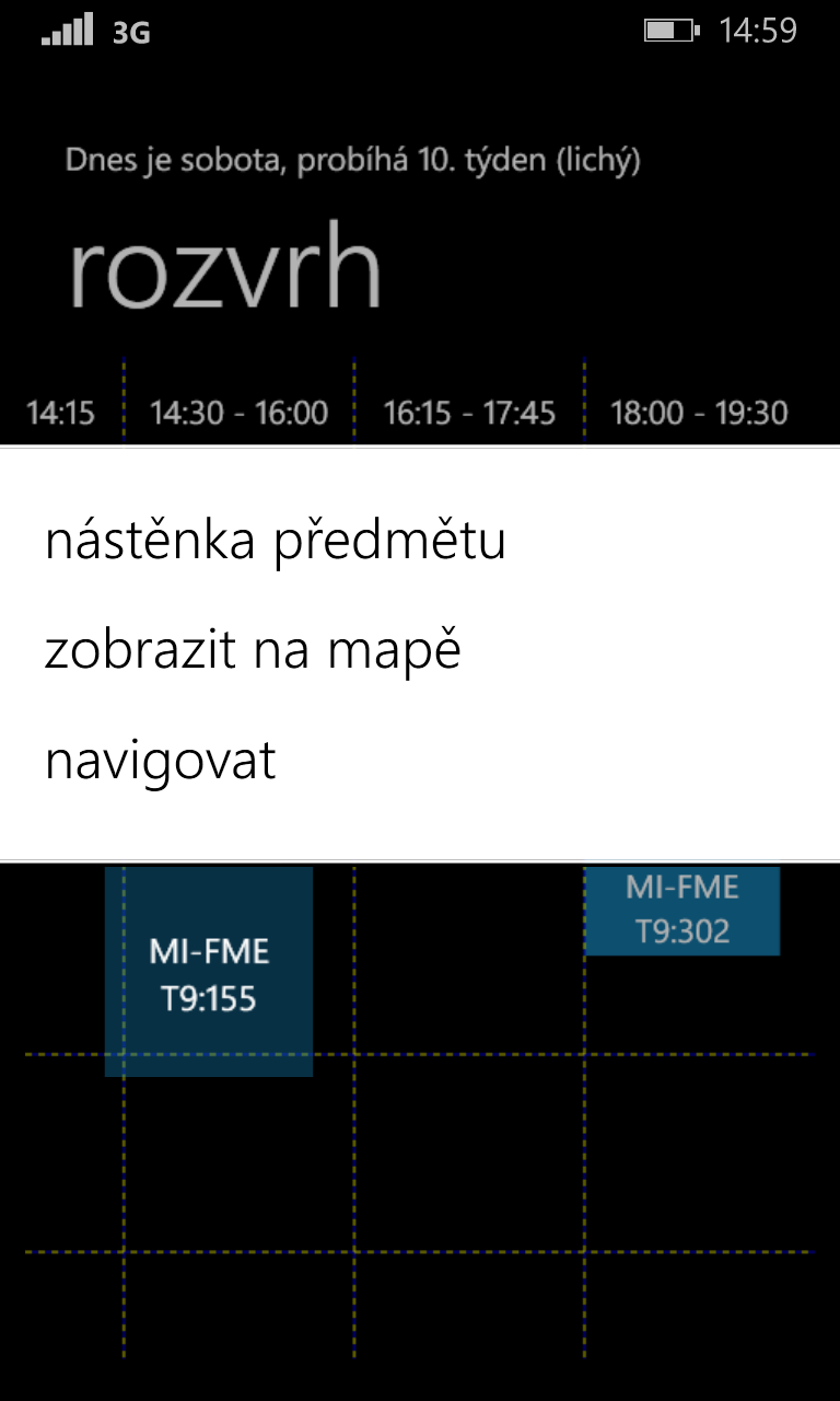 B. Uživatelská příručka Obrázek B.5: Obrazovky rozvrhu B.4 Rozvrh Položky rozvrhu jsou barveně rozděleny na přednášky a cvičení.