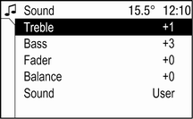 106 Úvod Nastavení zvuku V nabídce Sound (Zvuk), která se vyvolá pomocí tlačítka SOUND, se zobrazí seznam následujících položek: Treble (Výšky) a Bass (Basy) Balance (Vyvážení - vpravo/vlevo) a Fader