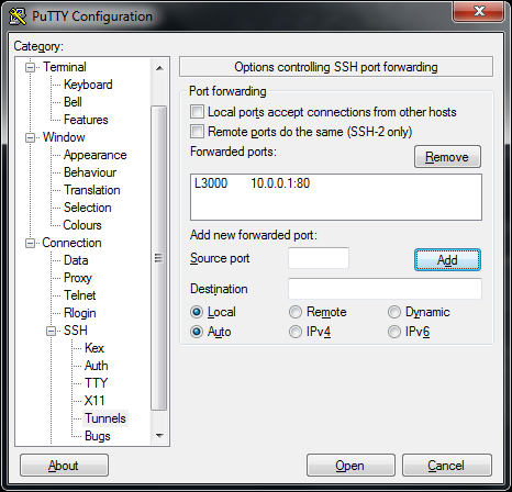 Obr. 1: Vytvoření tunelu pomocí PuTTy Další možnosti je zmanipulování prohlížeče v počítači.