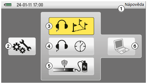 5.1. Hlavní nabídka Po zapnutí přístroje se na displeji zobrazí hlavní nabídka: 1 Nápověda 2 Nastavení přístroje 3 Lokalizace úniku poslechovou metodou 4 Dlouhodobé poslechové měření 5 Měření