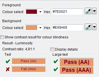 Obr. č. 10 Analýza kontrastu 1 Obr. č. 11 Analýza kontrastu 2 Zdroj: Colour Contrast Analyser, 2014 Zdroj: Colour Contrast Analyser, 2014 Kreativita grafiky Vzhled je velmi zastaralý a nemoderní.