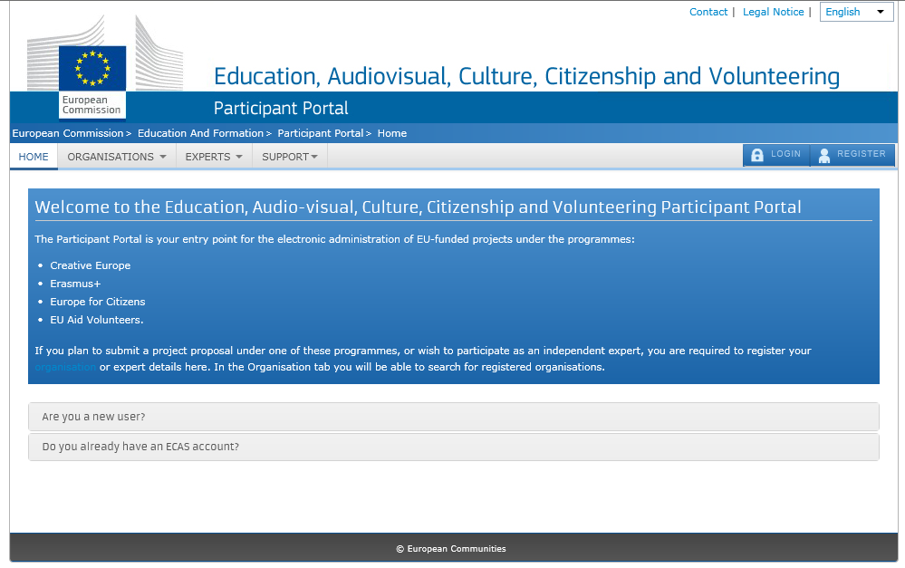 Podrobný postup: A/ REGISTRACE NA ÚČASTNICKÉM PORTÁLE 1. Vstupte na účastnický portál (Participant Portal) - https://ec.europa.eu/education/participants/portal/desktop/en/home.html. 2.
