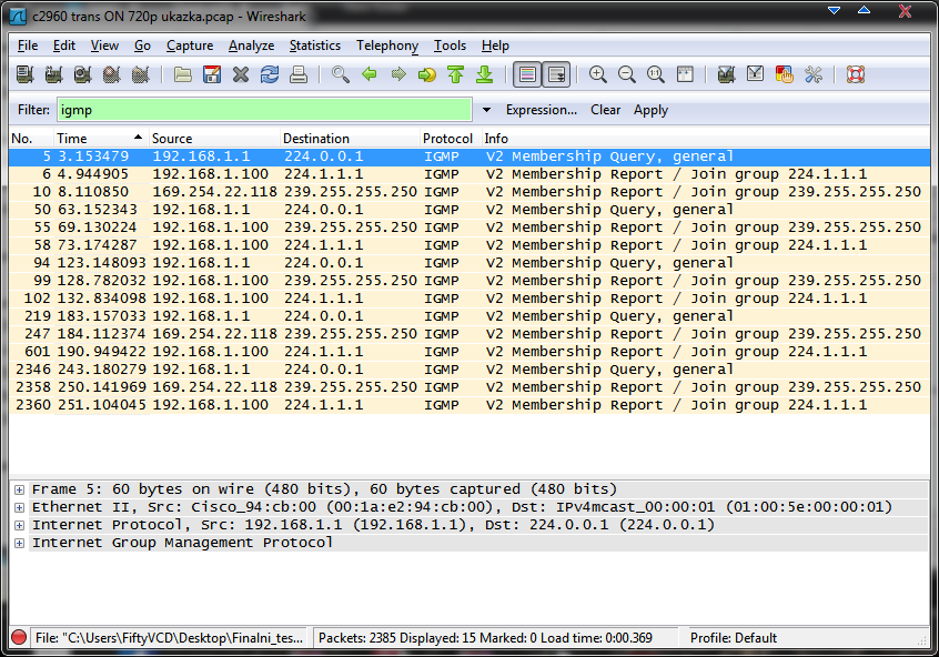 6.4 Rozbor zachycených paketů V této části budou probrány IGMP pakety, které byly zachyceny během přenosu videa při první metodě testování. Prvním nastaveným filtrem bude protokol IGMP obr. 6.
