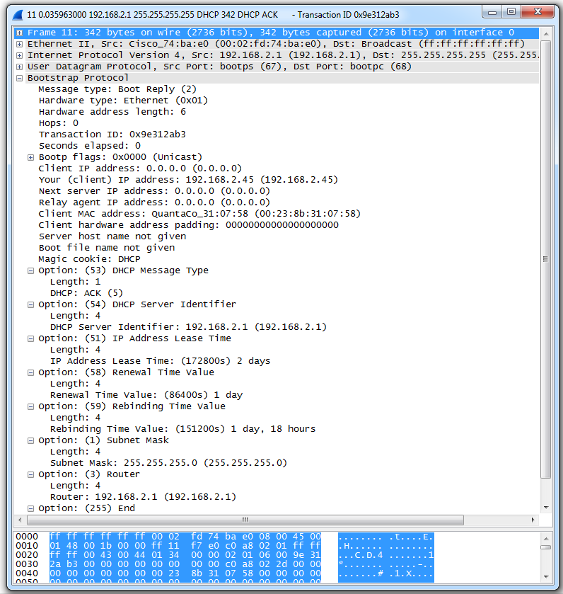 DHCP zprávy. Vybral jsem DHCP ACK, jenţ obsahuje potvrzení mnou nastavené parametry DHCP serveru.