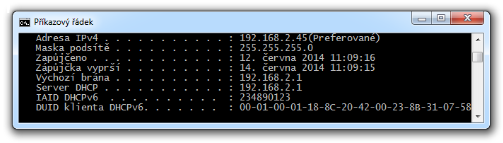 Obrázek 16 - Přidělené konfigurační parametry Zdroj: autor printscreen aplikace Příkazový řádek Windows 7 DHCP server v tomto případě přidělil IP adresu 192.