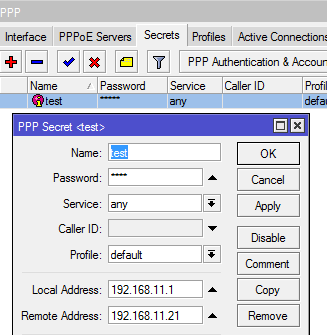 Druhým krokem je vytvoření uživatele pro příchozí připojení. Přes záložku secrets v panelu PPP tedy vytvoříme uživatele test s heslem test. Důležitým bodem je nastavení IP adres pro PPTP klienty.