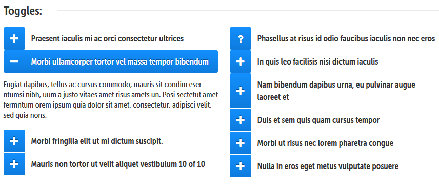 3.5.2.6 Progress Bar / Circle Progress Bar Slouží k zobrazení ukazatelů pokroku. Mohou být buď kruhové nebo lineární. Na výběr máme opět celou řadu stylů a barev. 3.5.2.7 Accordion Akordeon je v podstatě seznam, jehož položky lze rozkliknout a zobrazit si tak další obsah 3.