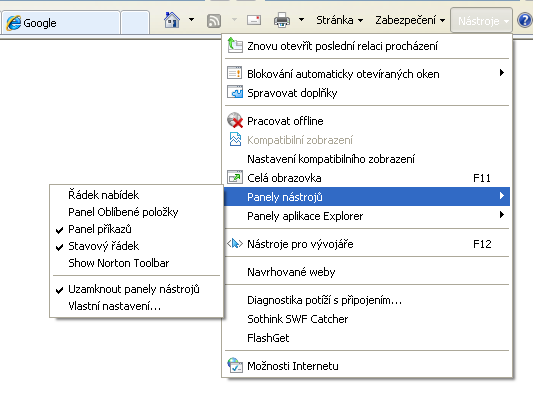 V případě, že v prohlížeči nějaký panel přebývá nebo zmizel, zobrazení se nastavuje v menu Nástroje Panely nástrojů nebo Zobrazení Nástrojové lišty.