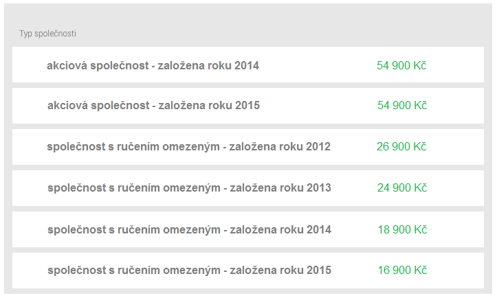 CENÍK: READY MADE SPOLEČNOSTI Nabízené ready made společnosti: Společnost s ručením omezeným založeno 2012, základní kapitál 200 000 Kč Společnost s ručením omezeným založeno 2013, základní kapitál